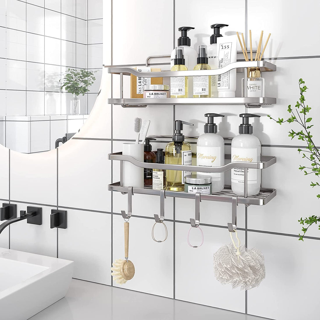 Raft de Duș, Etajeră Baie, Oțel Inoxidabil, Set 2 Rafturi, Argintiu