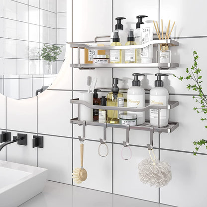 Raft de Duș, Etajeră Baie, Oțel Inoxidabil, Set 2 Rafturi, Argintiu