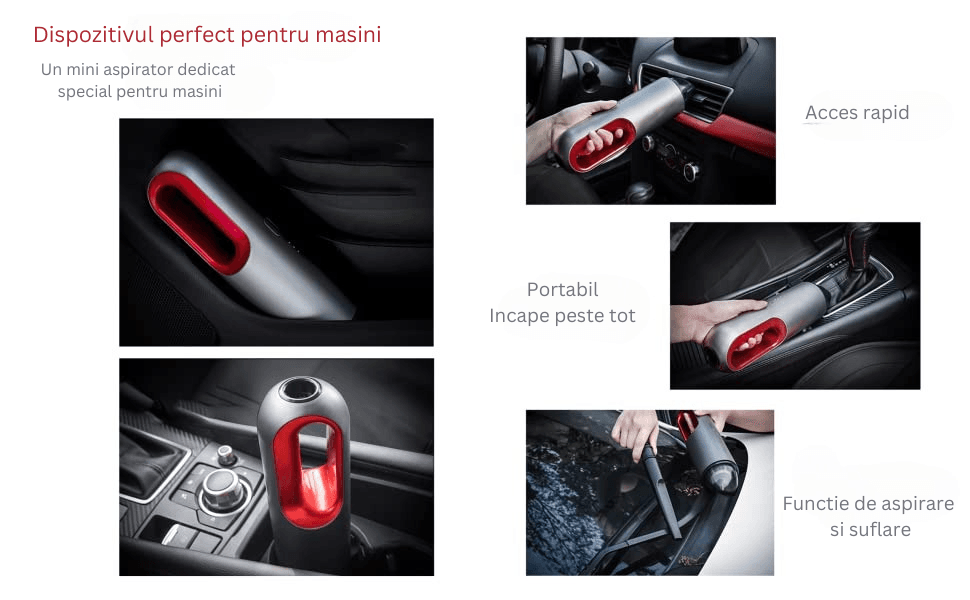 Aspirator Auto Portabil Profesional Wireless, 5000 mAh, Mini Aspirator de Mână pentru Mașină, Casă și Birou, Ideal pentru Spații Mici și Dificil de Accesat, Încărcare USB Tip C, Gri