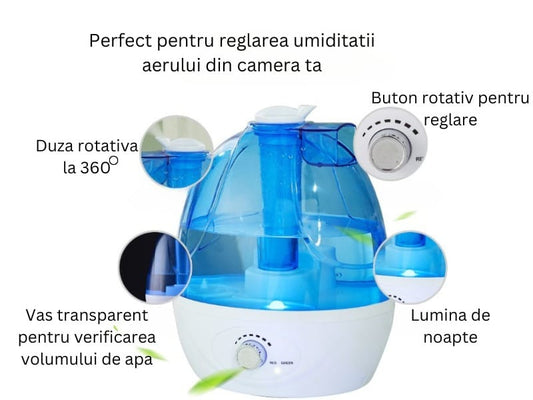 Umidificator Ultrasonic Profesional, 2.5L, Reglabil, Silentios, Alb/Albastru