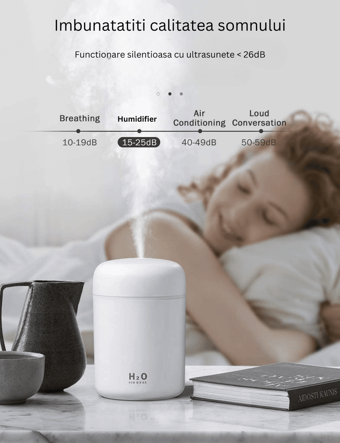 Mini Umidificator USB cu Difuzor Aromaterapie și Lumini LED, 300ml, 2 Moduri, Alb