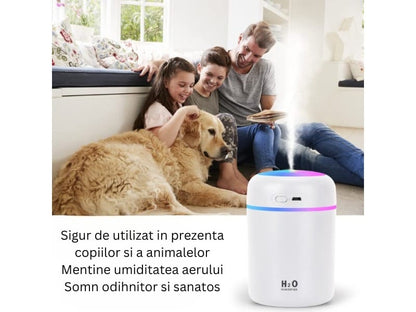 Mini Umidificator USB cu Difuzor Aromaterapie și Lumini LED, 300ml, 2 Moduri, Alb