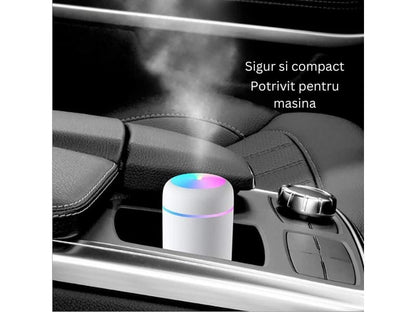 Mini Umidificator USB cu Difuzor Aromaterapie și Lumini LED, 300ml, 2 Moduri, Alb