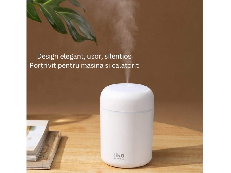 Mini Umidificator USB cu Difuzor Aromaterapie și Lumini LED, 300ml, 2 Moduri, Alb