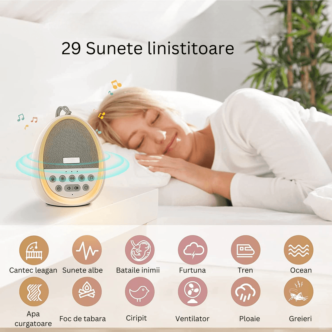 Dispozitiv Sunete Albe, 29 Sunete HD, Portabil, Acumulator 1200mAh, Timer, Lumină de Veghe, Alb