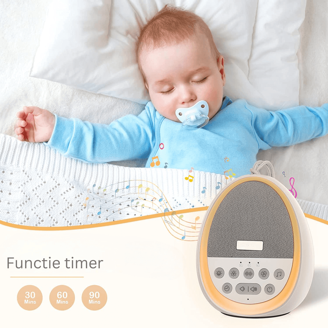 Dispozitiv Sunete Albe, 29 Sunete HD, Portabil, Acumulator 1200mAh, Timer, Lumină de Veghe, Alb