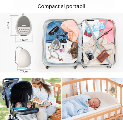 Dispozitiv Sunete Albe, 29 Sunete HD, Portabil, Acumulator 1200mAh, Timer, Lumină de Veghe, Alb