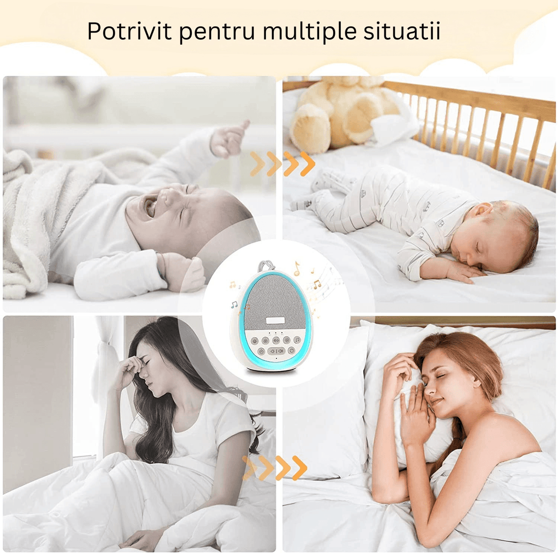 Dispozitiv Sunete Albe, 29 Sunete HD, Portabil, Acumulator 1200mAh, Timer, Lumină de Veghe, Alb