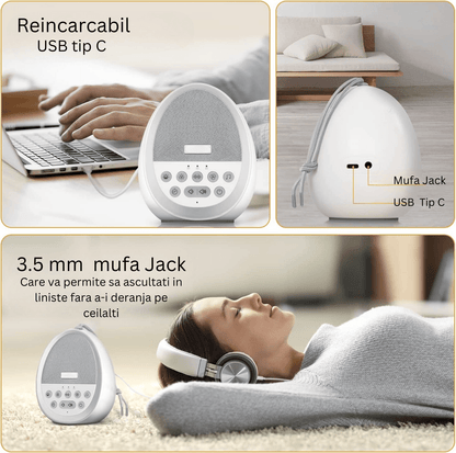 Dispozitiv Sunete Albe, 29 Sunete HD, Portabil, Acumulator 1200mAh, Timer, Lumină de Veghe, Alb