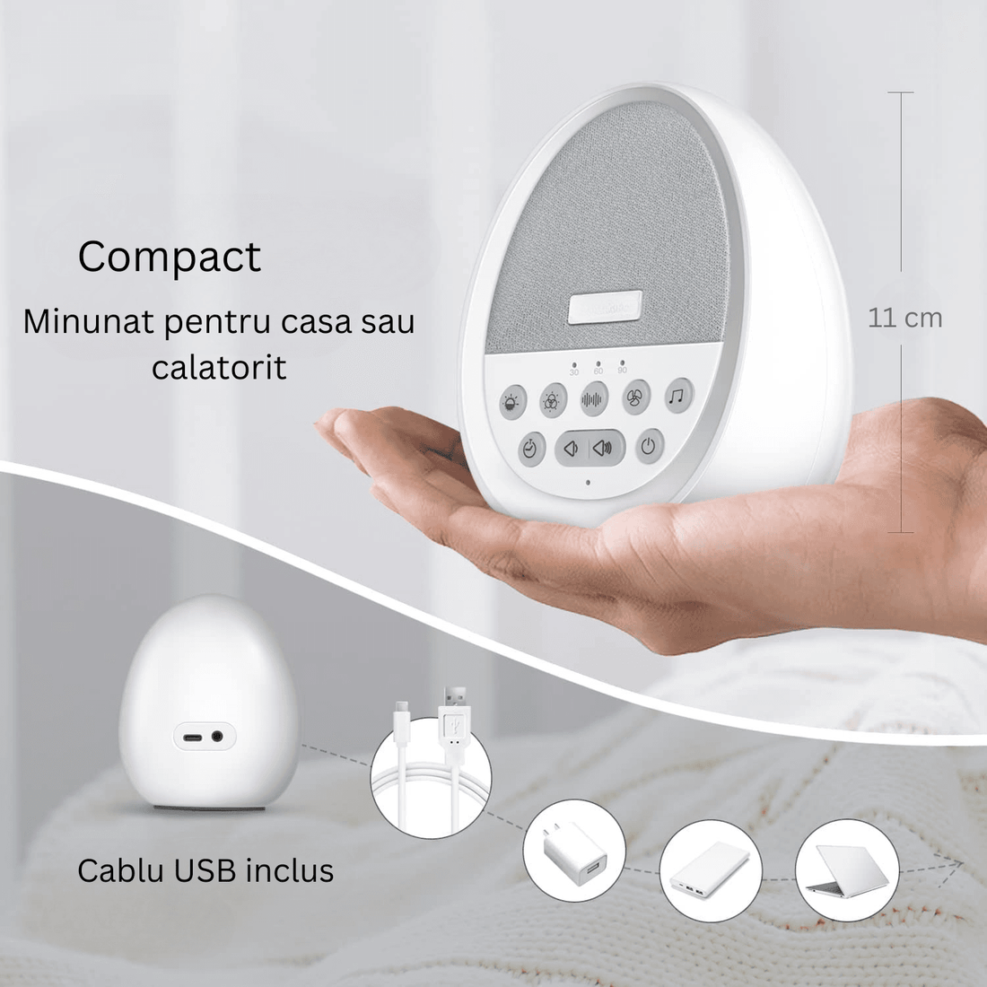 Dispozitiv Sunete Albe, 29 Sunete HD, Portabil, Acumulator 1200mAh, Timer, Lumină de Veghe, Alb