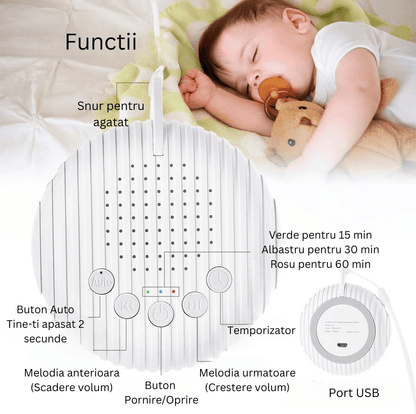 Dispozitiv Sunete Albe, 10 Sunete, Portabil, Timer, Autonomie 24h, Reîncărcabil, Alb