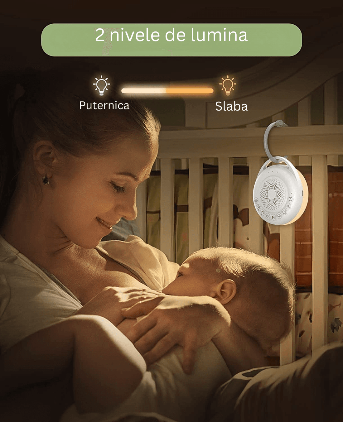 Dispozitiv Sunete Albe, 24 Sunete HD, Portabil, Reîncărcabil, Baterie 20H, Lumină de Veghe, 3 Niveluri Intensitate Culoare