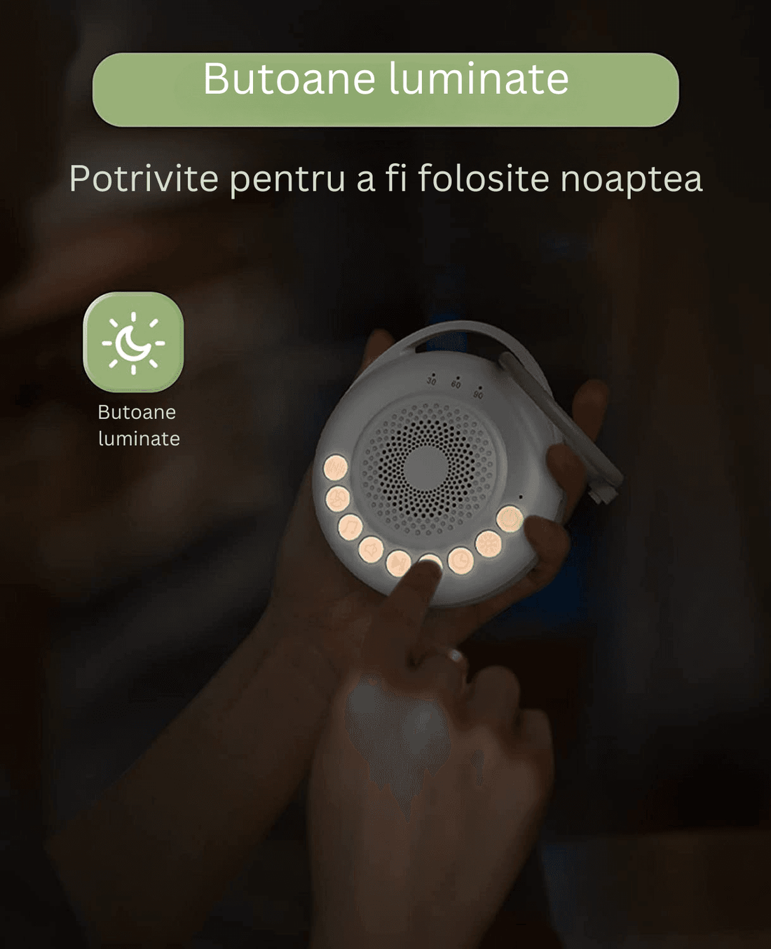 Dispozitiv Sunete Albe, 24 Sunete HD, Portabil, Reîncărcabil, Baterie 20H, Lumină de Veghe, 3 Niveluri Intensitate Culoare