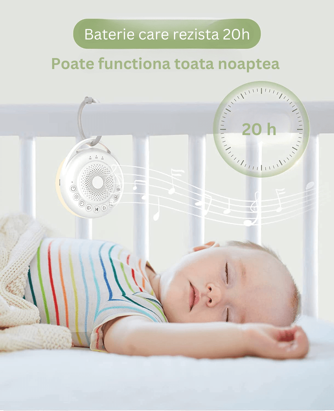 Dispozitiv Sunete Albe, 24 Sunete HD, Portabil, Reîncărcabil, Baterie 20H, Lumină de Veghe, 3 Niveluri Intensitate Culoare