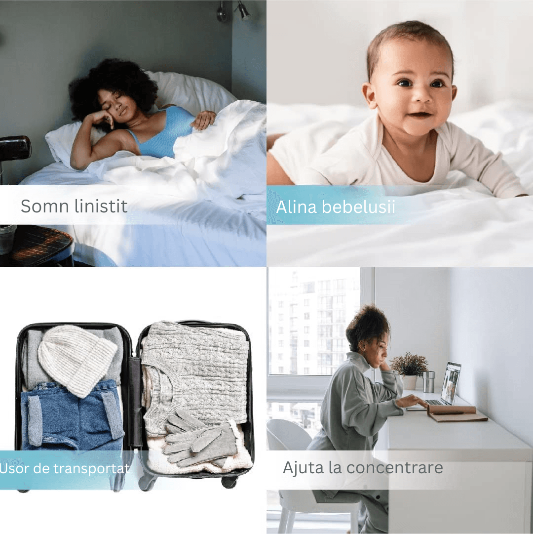 Dispozitiv Sunete Albe, 24 Sunete HD, Portabil, Reîncărcabil, Baterie 20H, Lumină de Veghe, 3 Niveluri Intensitate Culoare