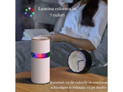 Mini Umidificator USB cu Difuzor Aromaterapie și Lumini LED, 400ml, 2 Moduri, Alb