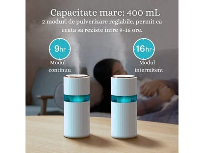 Mini Umidificator USB cu Difuzor Aromaterapie și Lumini LED, 400ml, 2 Moduri, Alb