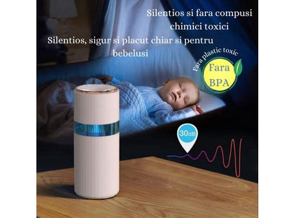 Mini Umidificator USB cu Difuzor Aromaterapie și Lumini LED, 400ml, 2 Moduri, Alb