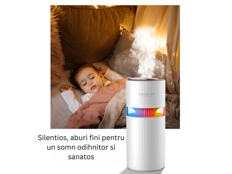 Mini Umidificator USB cu Difuzor Aromaterapie și Lumini LED, 400ml, 2 Moduri, Alb