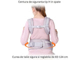 Marsupiu ergonomic pentru bebeluși, cu suport reglabil pentru cap și suport lombar, poziții spate sau rucsac, gri deschis.