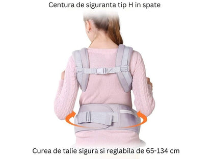 Marsupiu ergonomic pentru bebeluși, cu suport reglabil pentru cap și suport lombar, poziții spate sau rucsac, gri deschis.