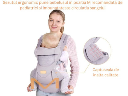 Marsupiu ergonomic pentru bebeluși, cu suport reglabil pentru cap și suport lombar, poziții spate sau rucsac, gri deschis.