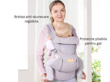 Marsupiu ergonomic pentru bebeluși, cu suport reglabil pentru cap și suport lombar, poziții spate sau rucsac, gri deschis.
