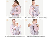 Marsupiu ergonomic pentru bebeluși, cu suport reglabil pentru cap și suport lombar, poziții spate sau rucsac, gri deschis.