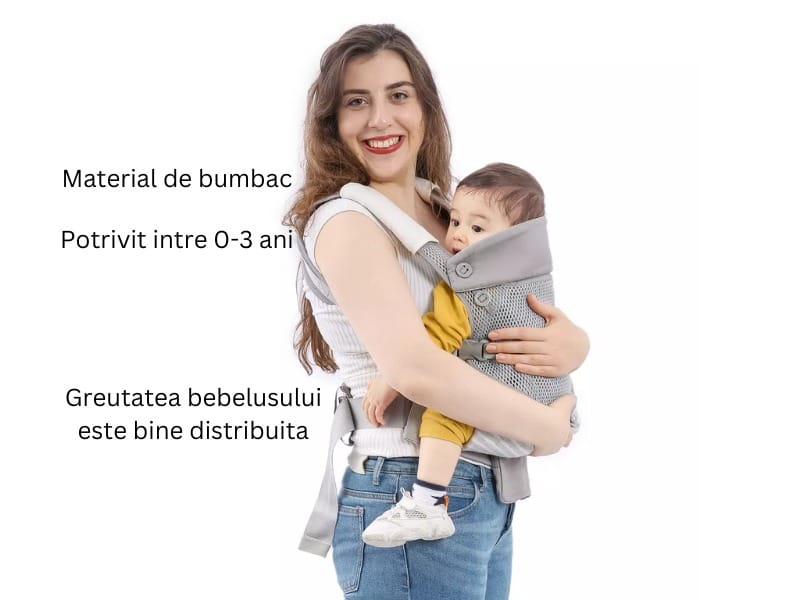 Marsupiu ergonomic pentru bebe, cu buzunar și suport lombar, poziții spate sau rucsac, gri-alb