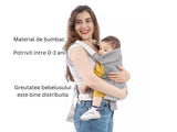 Marsupiu ergonomic pentru bebe, cu buzunar și suport lombar, poziții spate sau rucsac, gri-alb