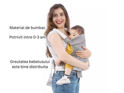 Marsupiu ergonomic pentru bebe, cu buzunar și suport lombar, poziții spate sau rucsac, gri-alb
