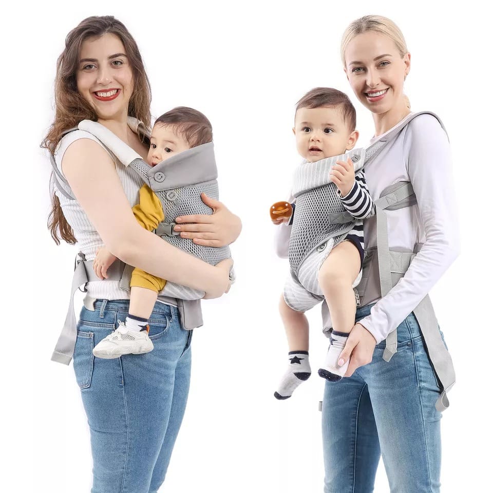 Marsupiu ergonomic pentru bebe, cu buzunar și suport lombar, poziții spate sau rucsac, gri-alb