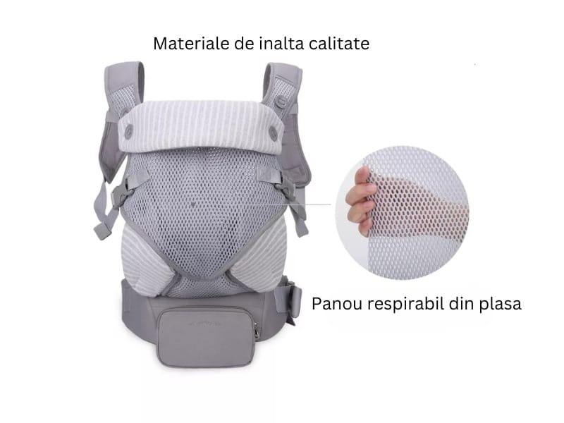 Marsupiu ergonomic pentru bebe, cu buzunar și suport lombar, poziții spate sau rucsac, gri-alb
