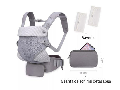 Marsupiu ergonomic pentru bebe, cu buzunar și suport lombar, poziții spate sau rucsac, gri-alb