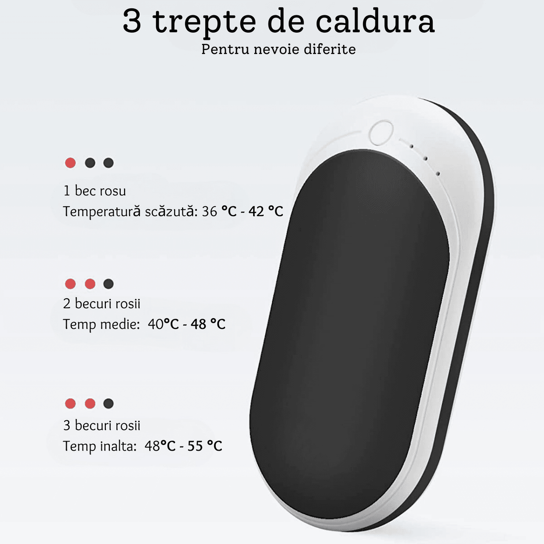Încălzitor de Mâini Elindor® 5200mAh, Powerbank, USB-C, 12W, 3 Trepte, 4-8 Ore, Negru