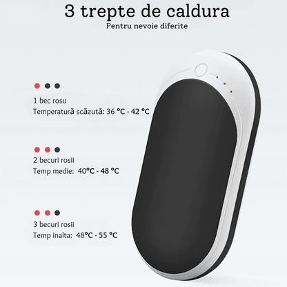 Încălzitor de Mâini Elindor® 5200mAh, Powerbank, USB-C, 12W, 3 Trepte, 4-8 Ore, Negru