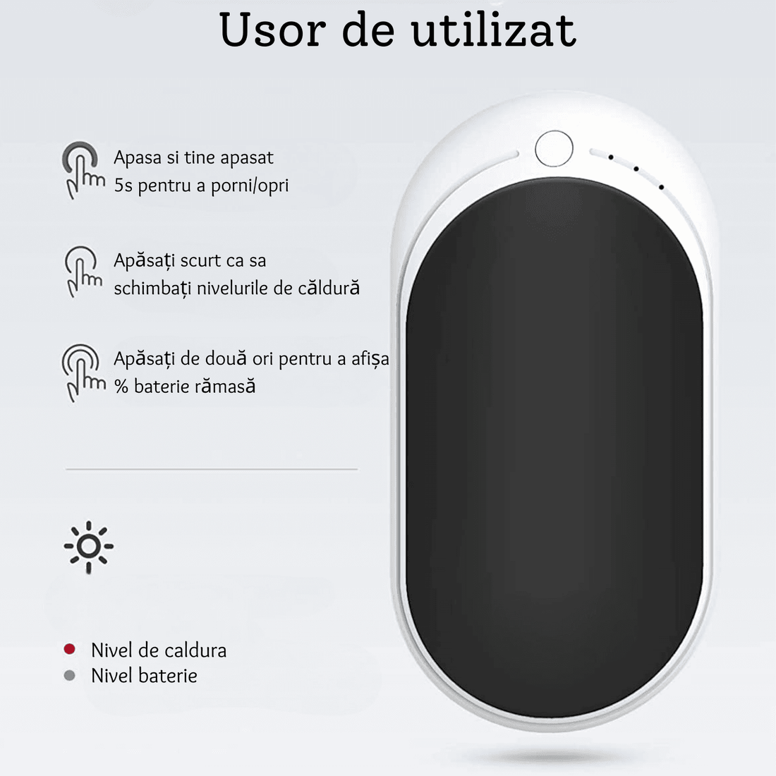 Încălzitor de Mâini Elindor® 5200mAh, Powerbank, USB-C, 12W, 3 Trepte, 4-8 Ore, Negru