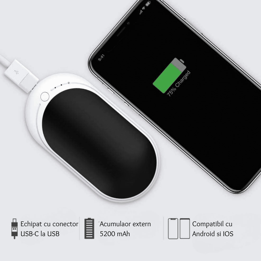 Încălzitor de Mâini Elindor® 5200mAh, Powerbank, USB-C, 12W, 3 Trepte, 4-8 Ore, Negru