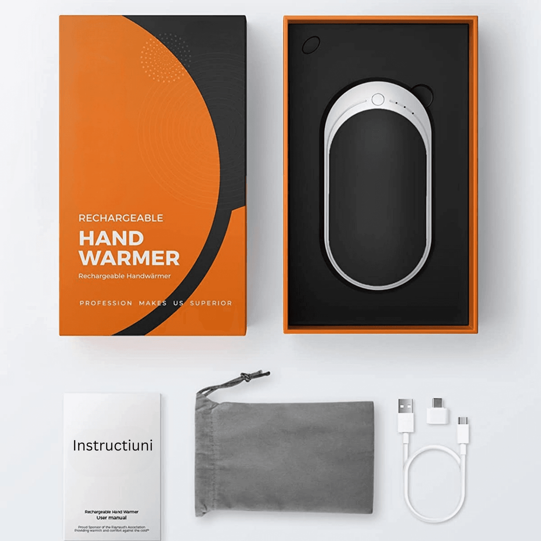 Încălzitor de Mâini Elindor® 5200mAh, Powerbank, USB-C, 12W, 3 Trepte, 4-8 Ore, Negru