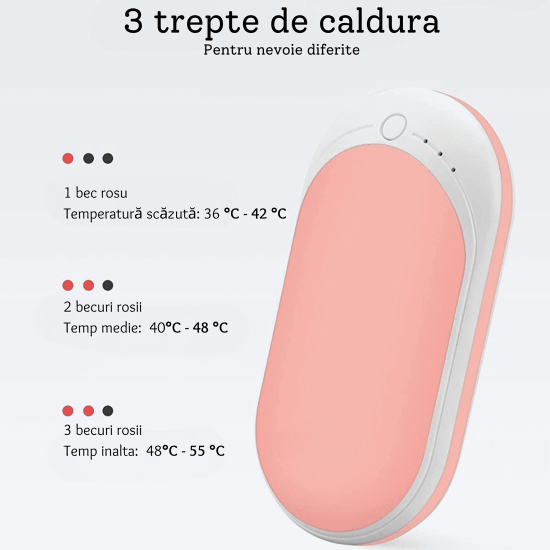 Încălzitor de Mâini Elindor® 5200mAh, Powerbank, USB-C, 12W, 3 Trepte, 4-8 Ore, Roz