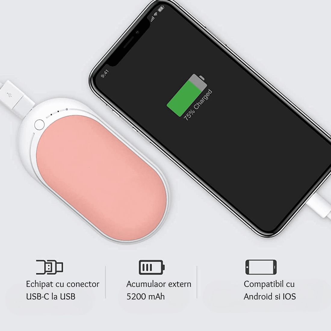 Încălzitor de Mâini Elindor® 5200mAh, Powerbank, USB-C, 12W, 3 Trepte, 4-8 Ore, Roz