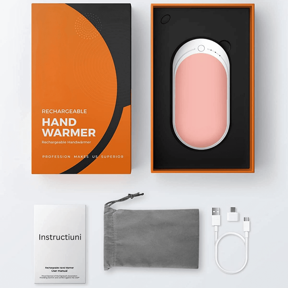 Încălzitor de Mâini Elindor® 5200mAh, Powerbank, USB-C, 12W, 3 Trepte, 4-8 Ore, Roz