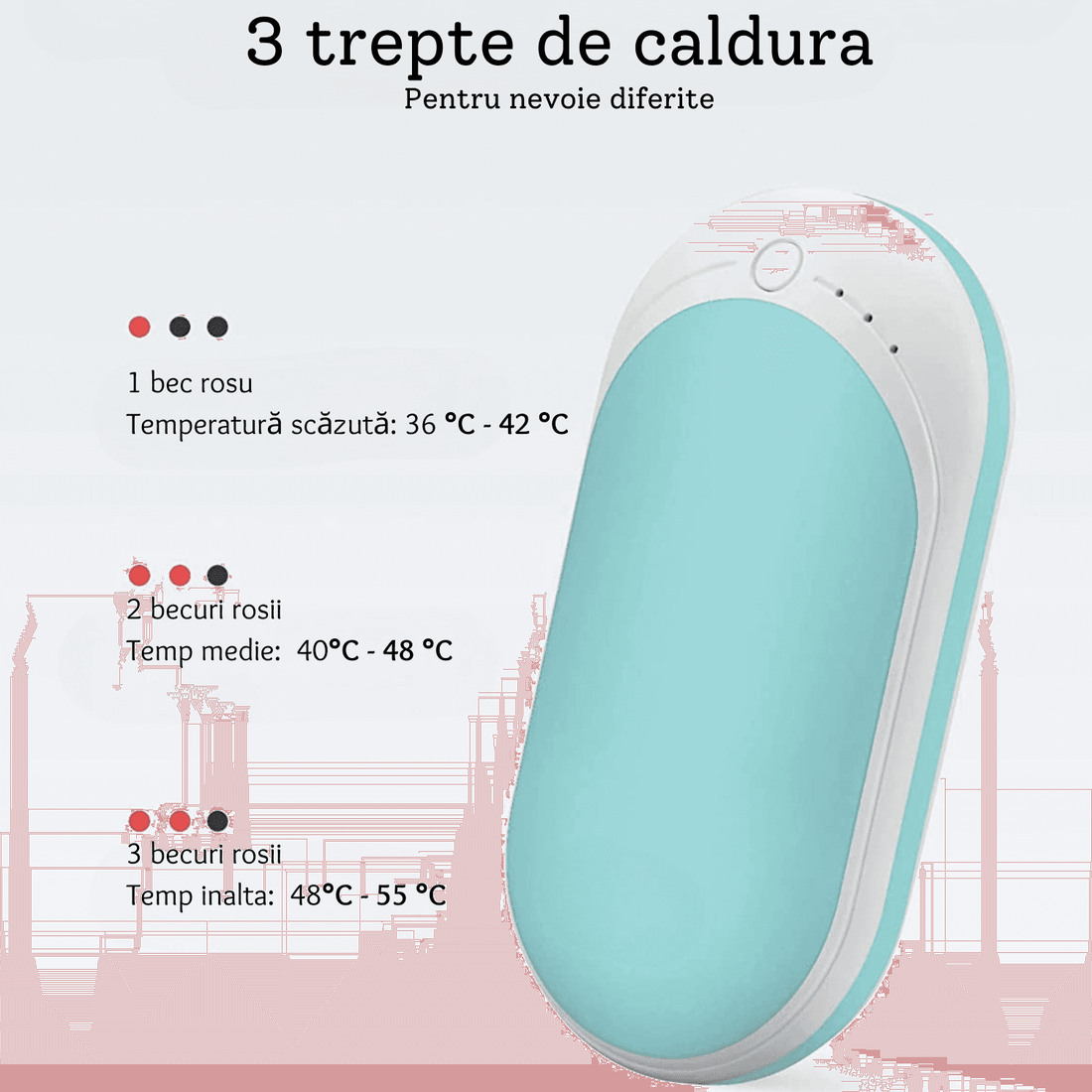 Încălzitor de Mâini Elindor® 5200mAh, Powerbank, USB-C, 12W, 3 Trepte, 4-8 Ore, Albastru