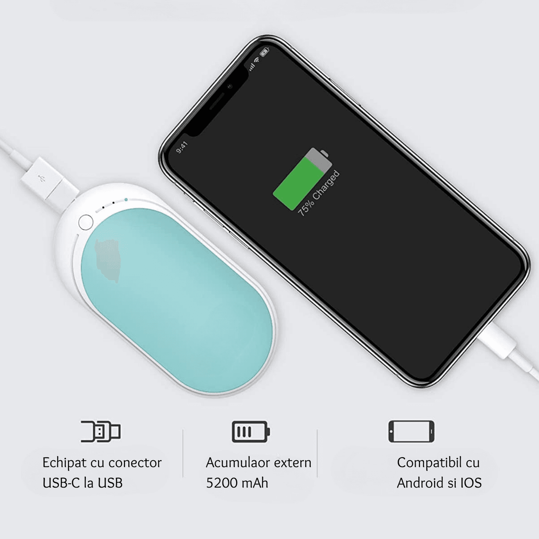 Încălzitor de Mâini Elindor® 5200mAh, Powerbank, USB-C, 12W, 3 Trepte, 4-8 Ore, Albastru