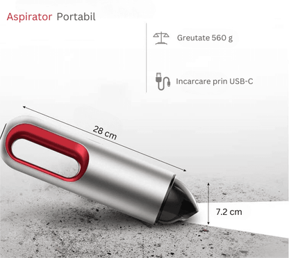 Aspirator Auto Portabil Profesional Wireless, 5000 mAh, Mini Aspirator de Mână pentru Mașină, Casă și Birou, Ideal pentru Spații Mici și Dificil de Accesat, Încărcare USB Tip C, Gri