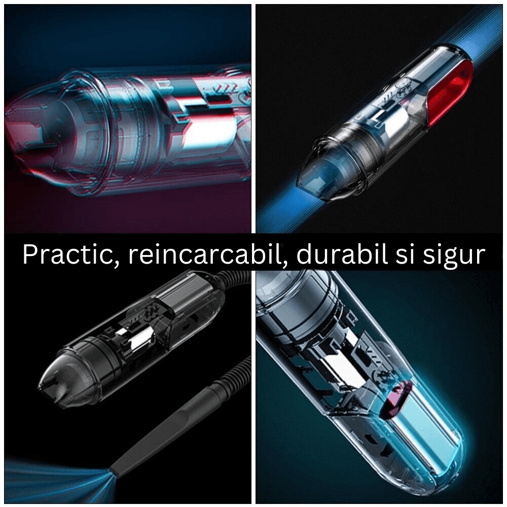 Aspirator Auto Portabil Profesional Wireless, 5000 mAh, Mini Aspirator de Mână pentru Mașină, Casă și Birou, Ideal pentru Spații Mici și Dificil de Accesat, Încărcare USB Tip C, Gri