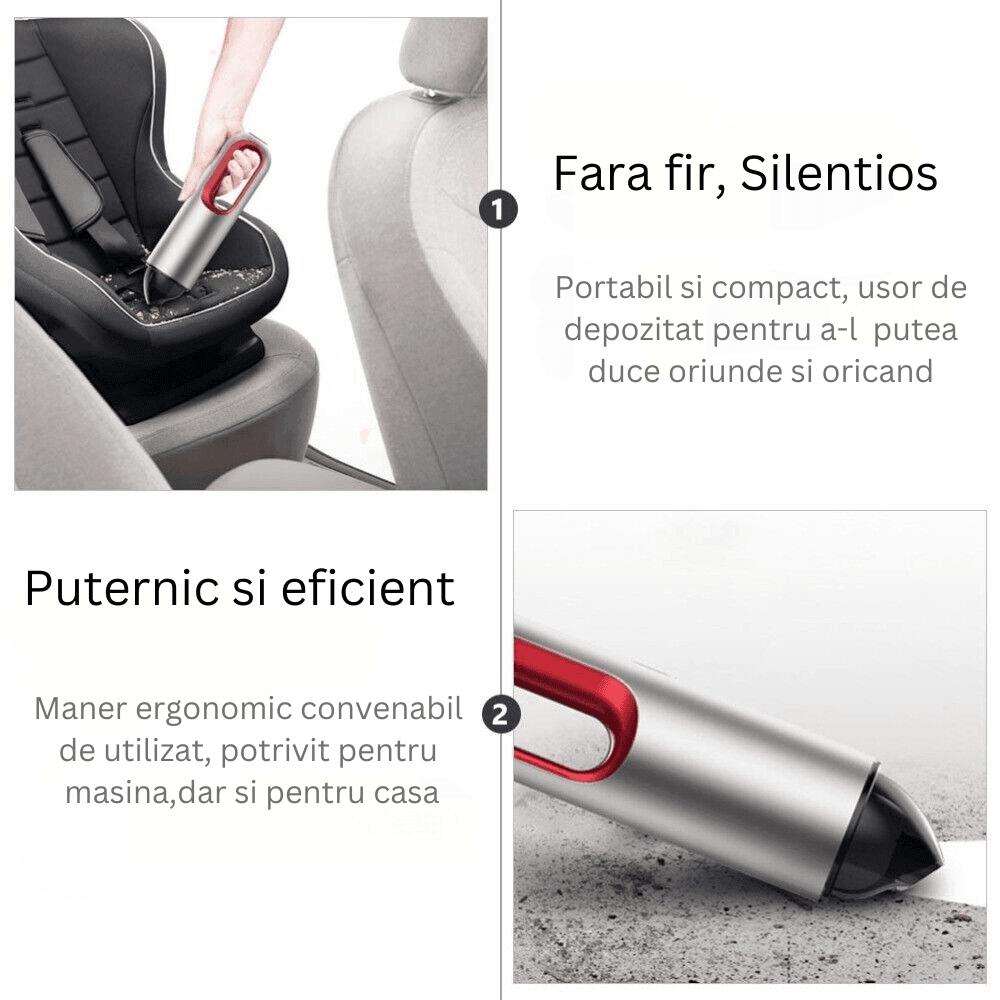 Aspirator Auto Portabil Profesional Wireless, 5000 mAh, Mini Aspirator de Mână pentru Mașină, Casă și Birou, Ideal pentru Spații Mici și Dificil de Accesat, Încărcare USB Tip C, Gri