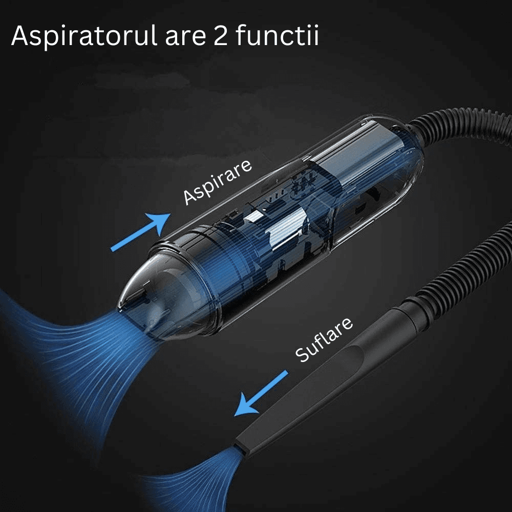 Aspirator Auto Portabil Profesional Wireless, 5000 mAh, Mini Aspirator de Mână pentru Mașină, Casă și Birou, Ideal pentru Spații Mici și Dificil de Accesat, Încărcare USB Tip C, Gri