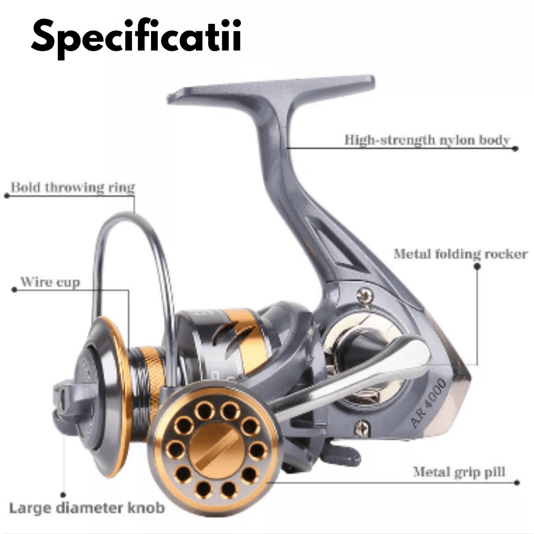 Mulineta Spinning AR 7000, Tambur Metalic, Frânare Statică 8 kg, Gri