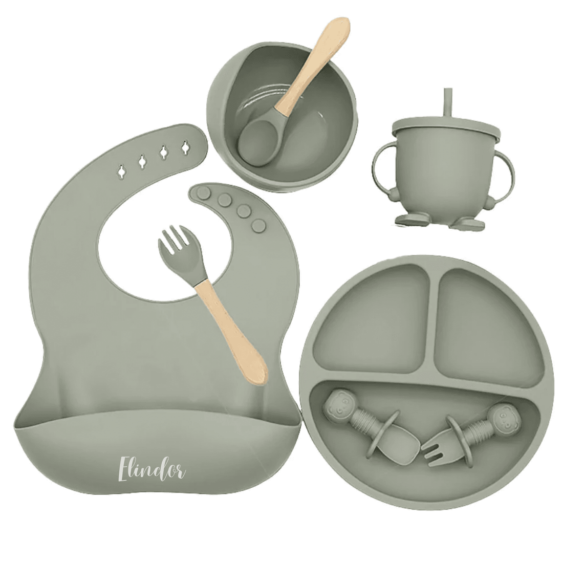 Set hrănire bebe din silicon, 8 piese: bavetă, farfurie compartimentată, bol cu ventuză, 2 seturi linguriță și furculiță, cană, fără alergeni, verde